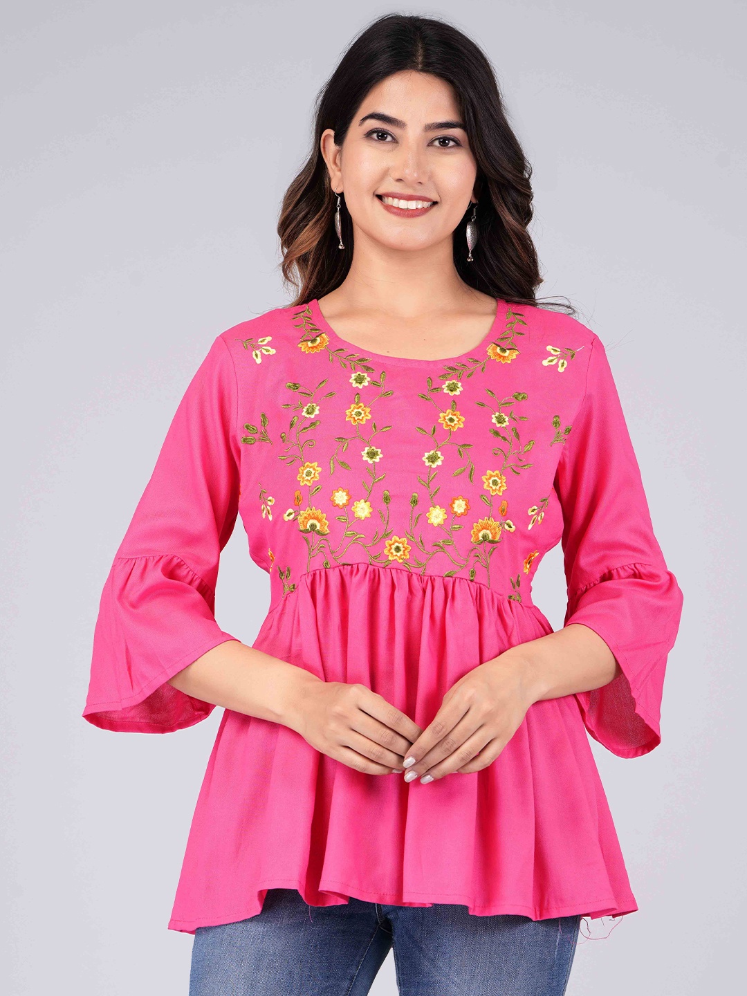 

JAIPUR FASHION MODE Embroidered Bell Sleeves Top, Pink
