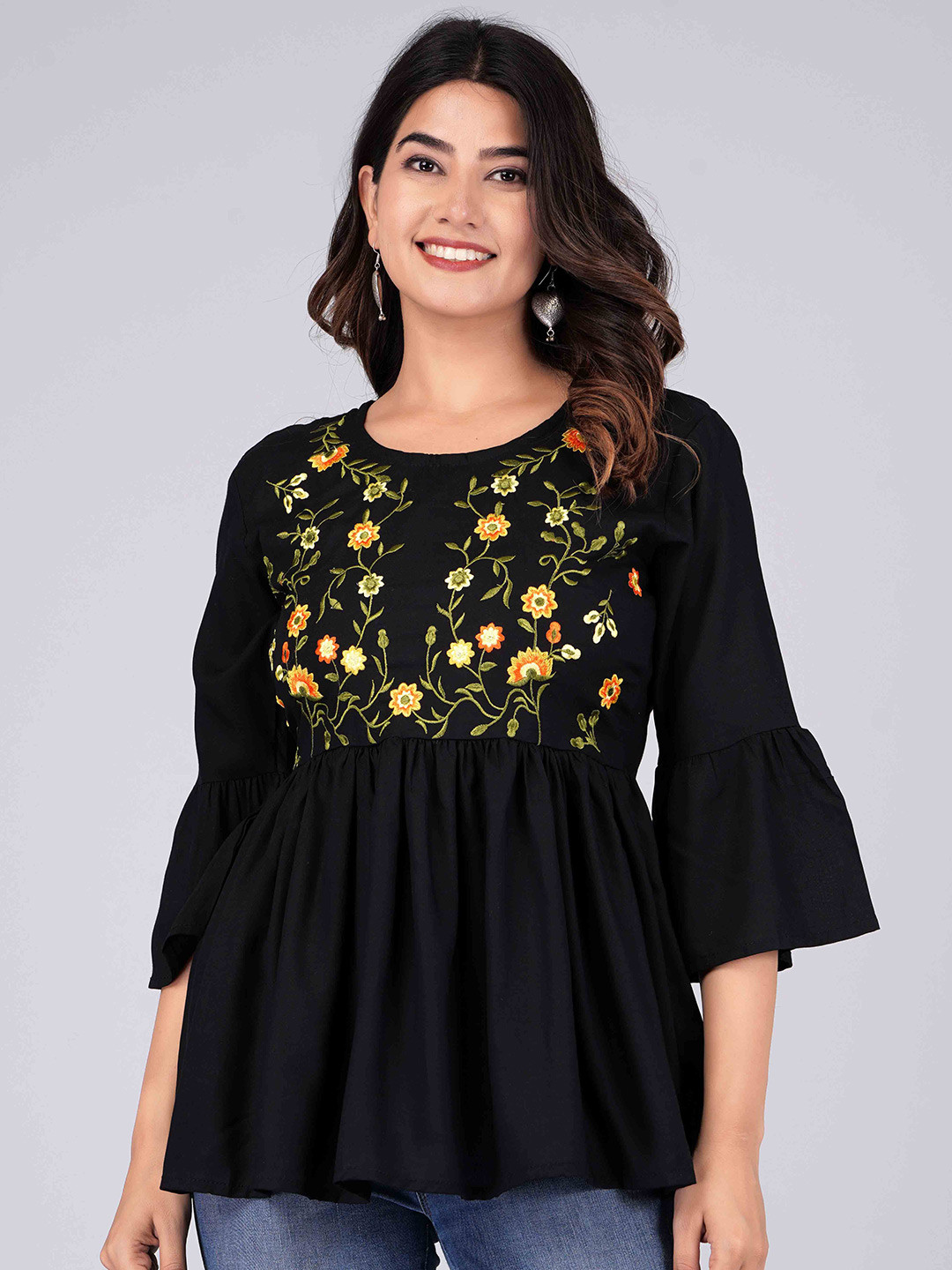 

JAIPUR FASHION MODE Embroidered Bell Sleeves Top, Black