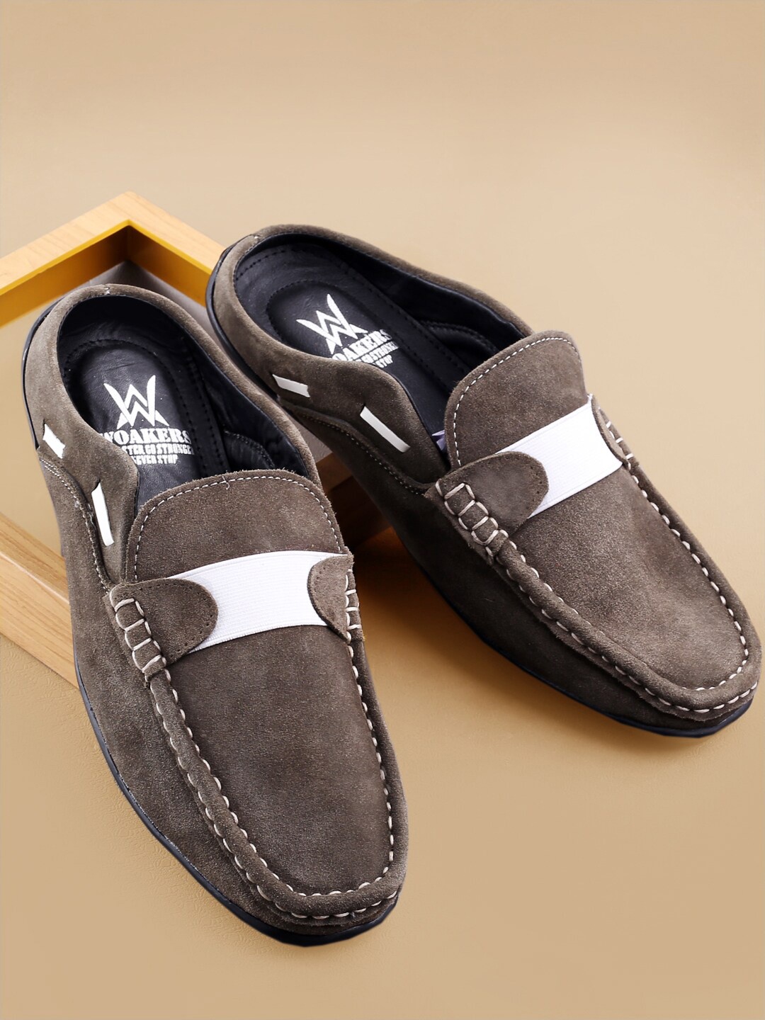 

Woakers Men Leather Waterproof Lining Open Back Loafers, Coffee brown