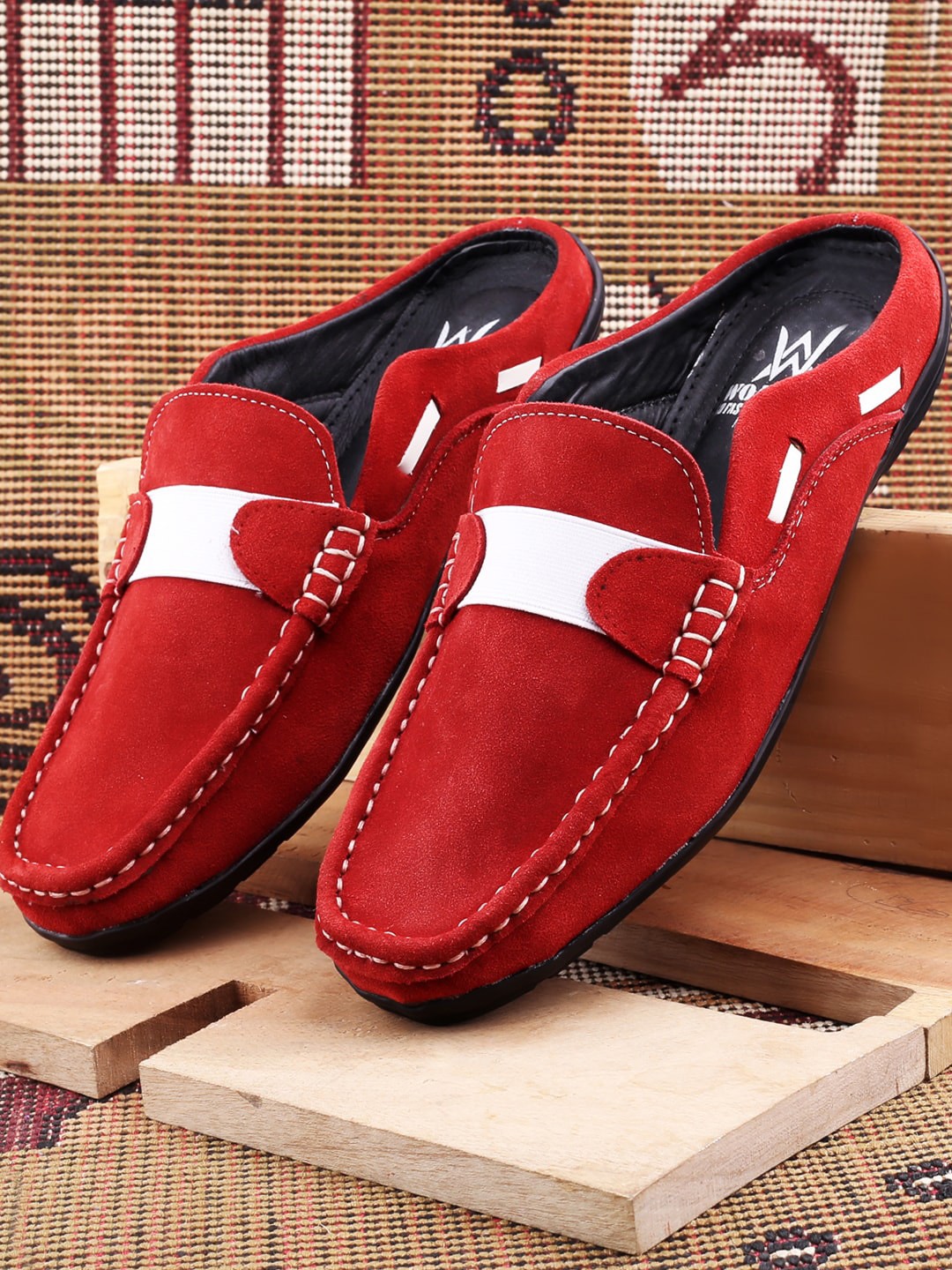 

Woakers Men Leather Waterproof Lining Open Back Loafers, Red