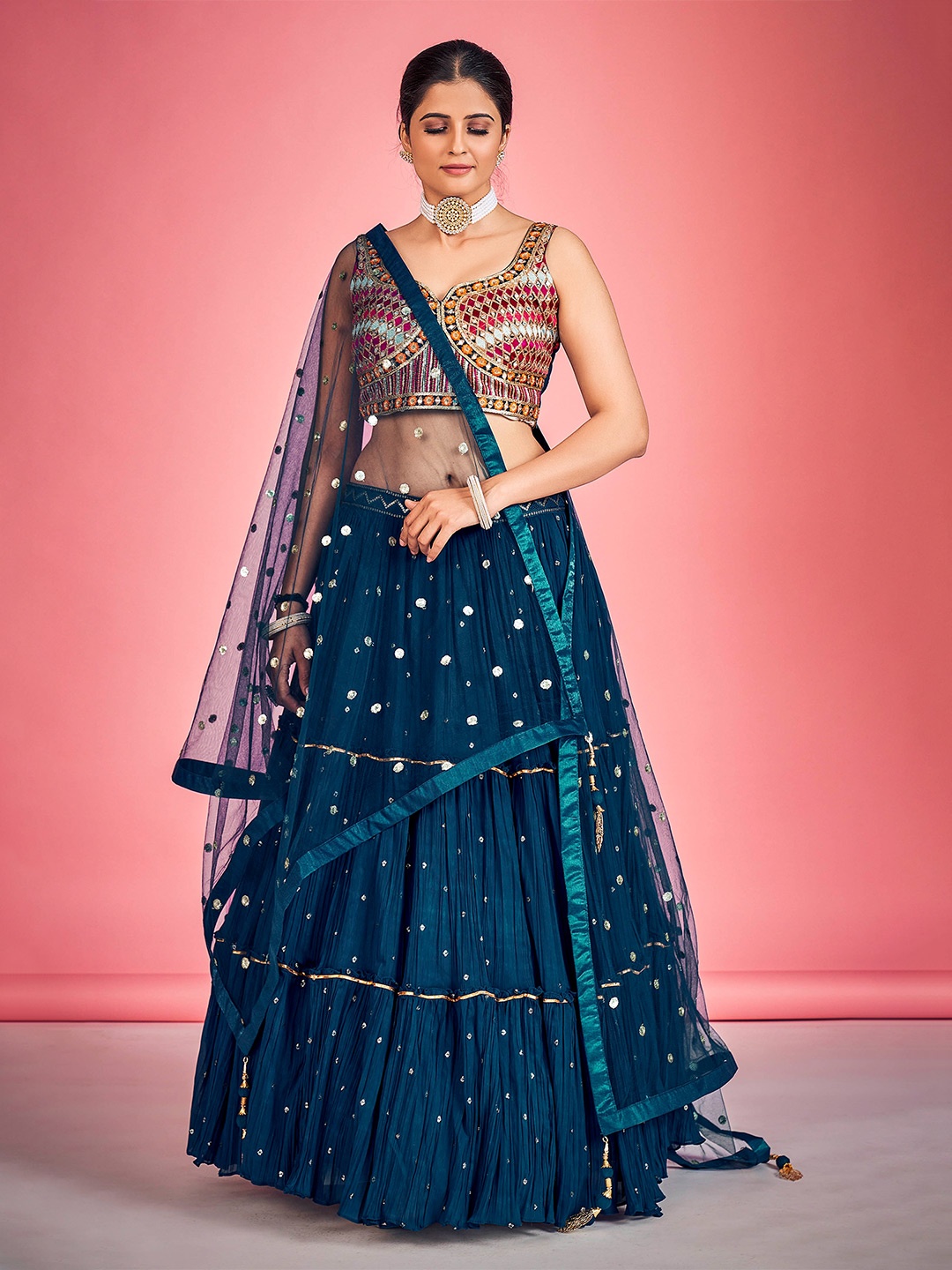 

DRESSTIVE Embroidered Thread Work Ready to Wear Lehenga & Blouse With Dupatta, Navy blue