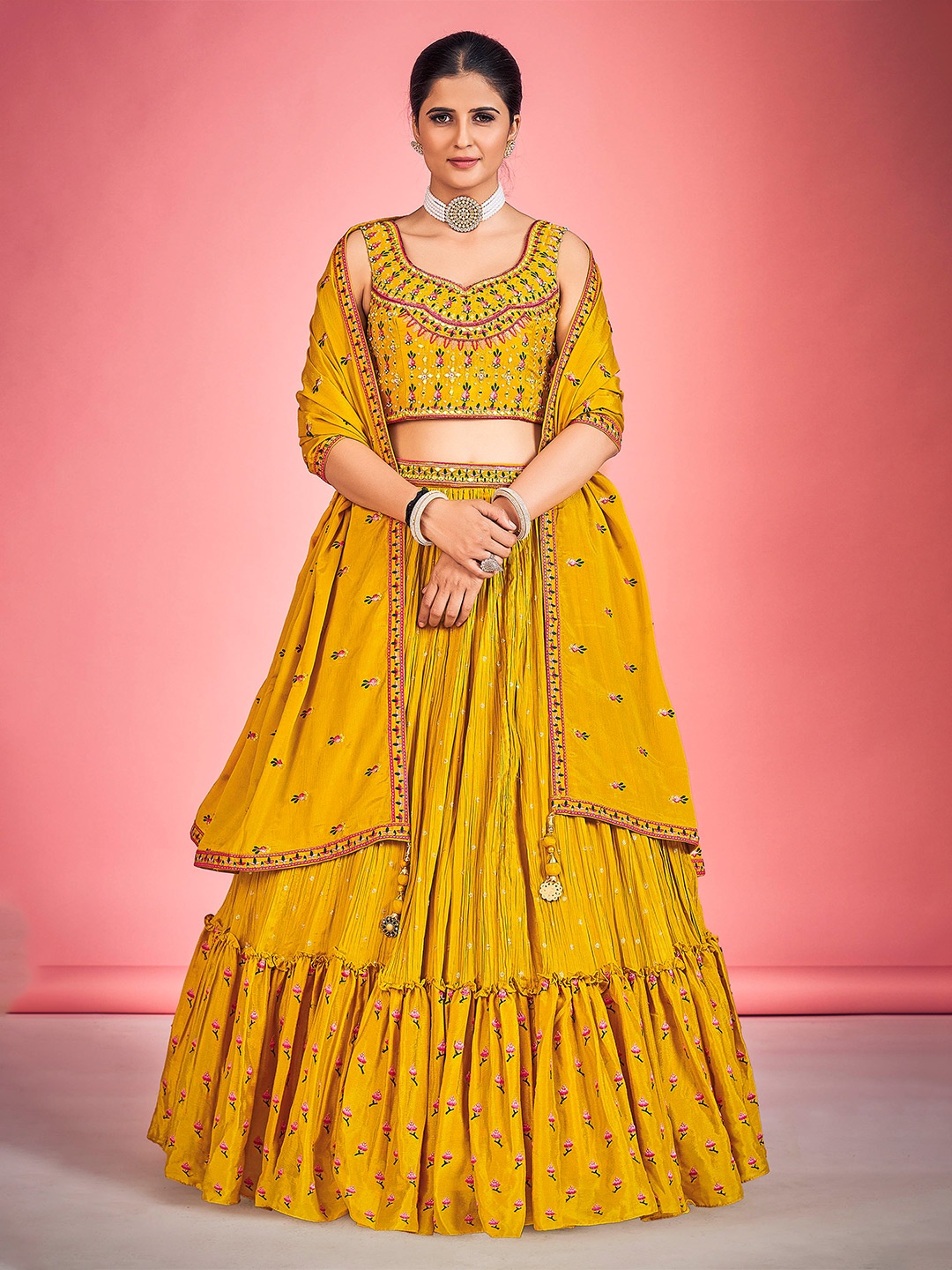 

DRESSTIVE Embellished Ready to Wear Lehenga & Blouse With Dupatta, Mustard