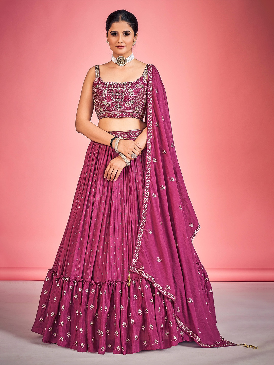 

DRESSTIVE Embroidered Thread Work Ready to Wear Lehenga & Blouse With Dupatta, Pink