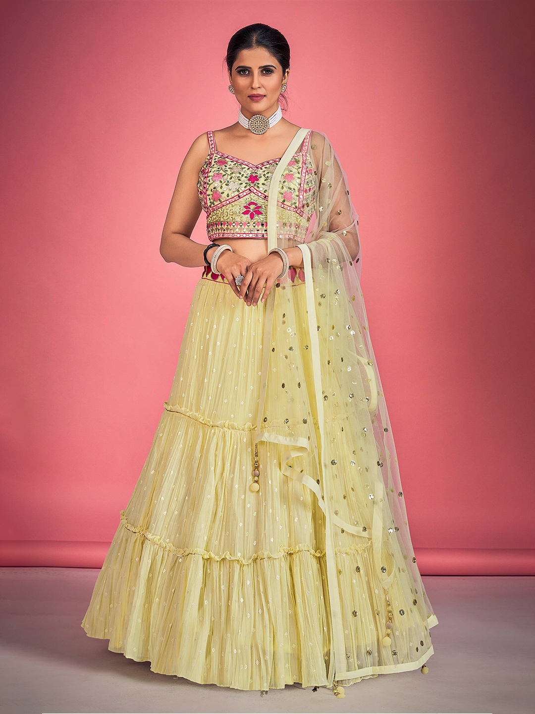 

DRESSTIVE Embroidered Thread Work Ready to Wear Lehenga & Blouse With Dupatta, Yellow