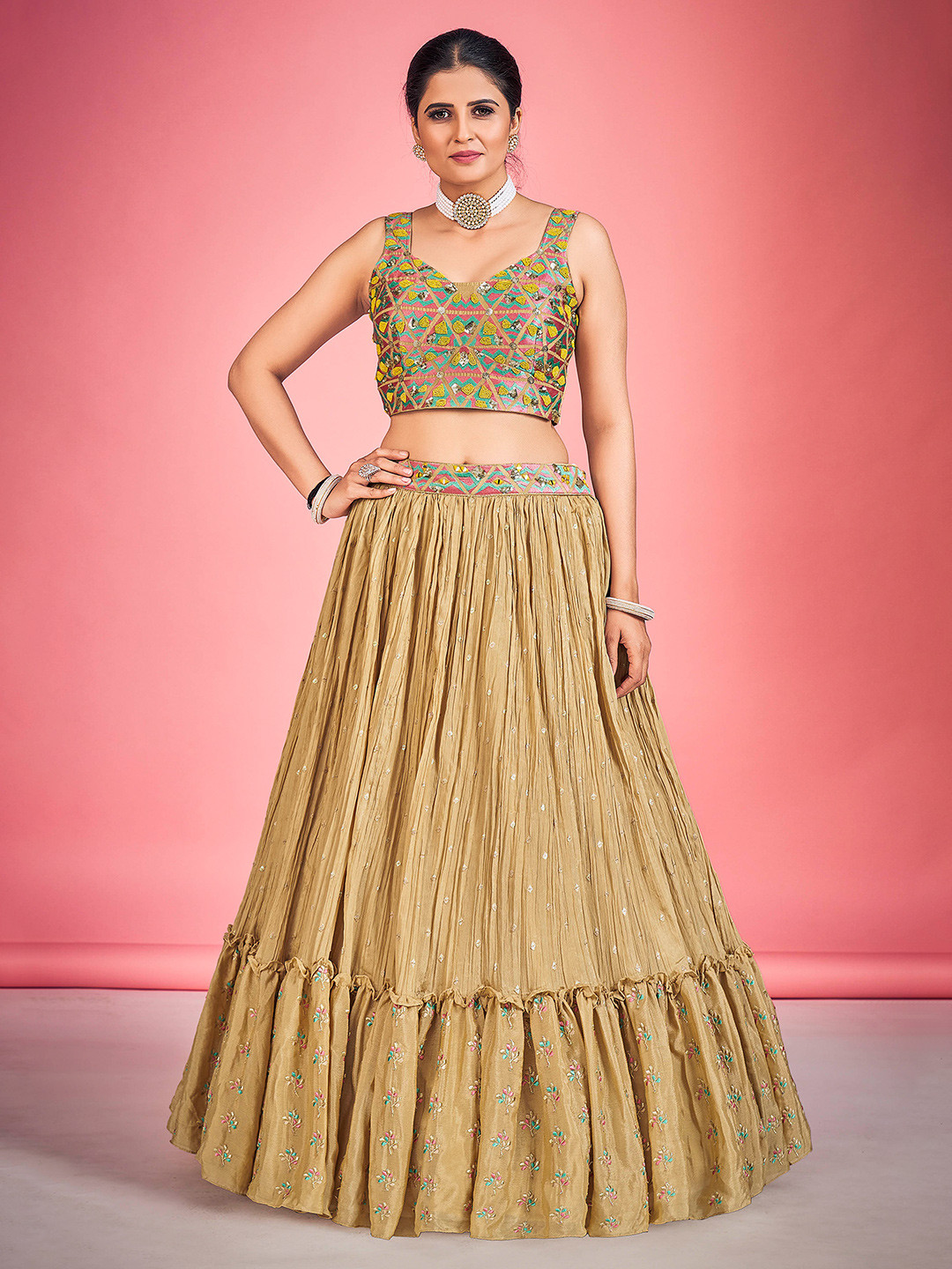

DRESSTIVE Embroidered Thread Work Ready to Wear Lehenga & Blouse With Dupatta, Beige