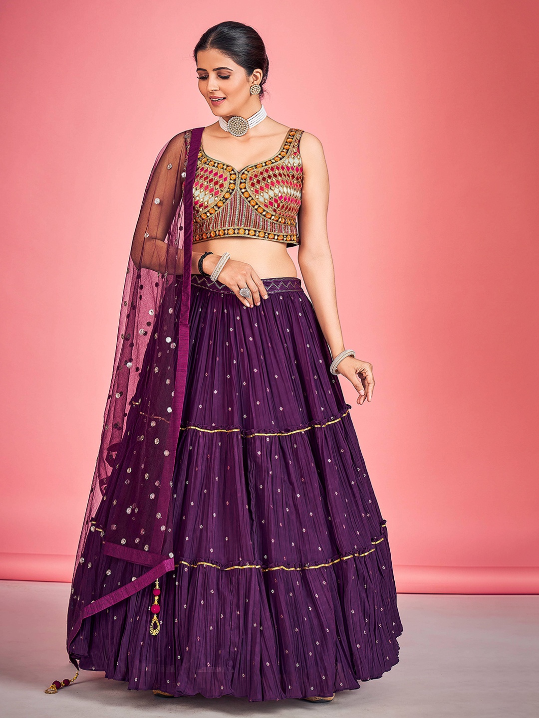 

DRESSTIVE Embroidered Thread Work Ready to Wear Lehenga & Blouse With Dupatta, Purple
