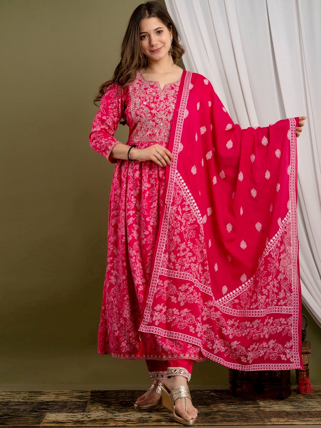 

misbis Embroidered High Slit Sequined Kurta with Trousers & Dupatta, Pink