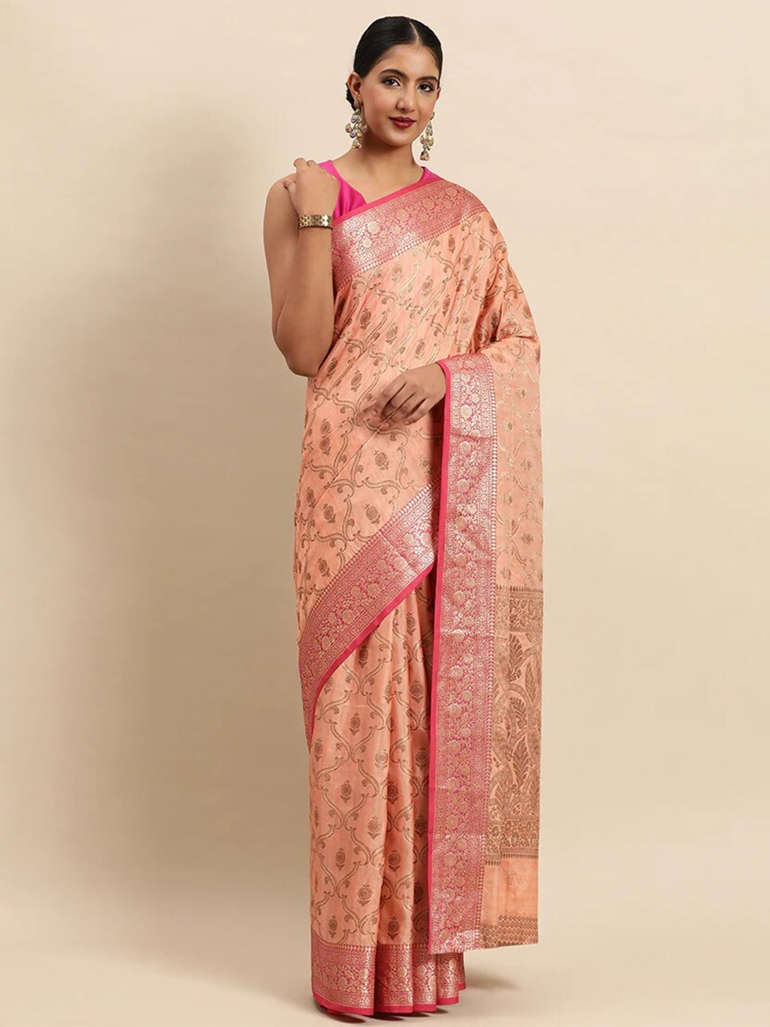 

Mitera Coral & Red Woven Design Zari Silk Blend Banarasi Saree