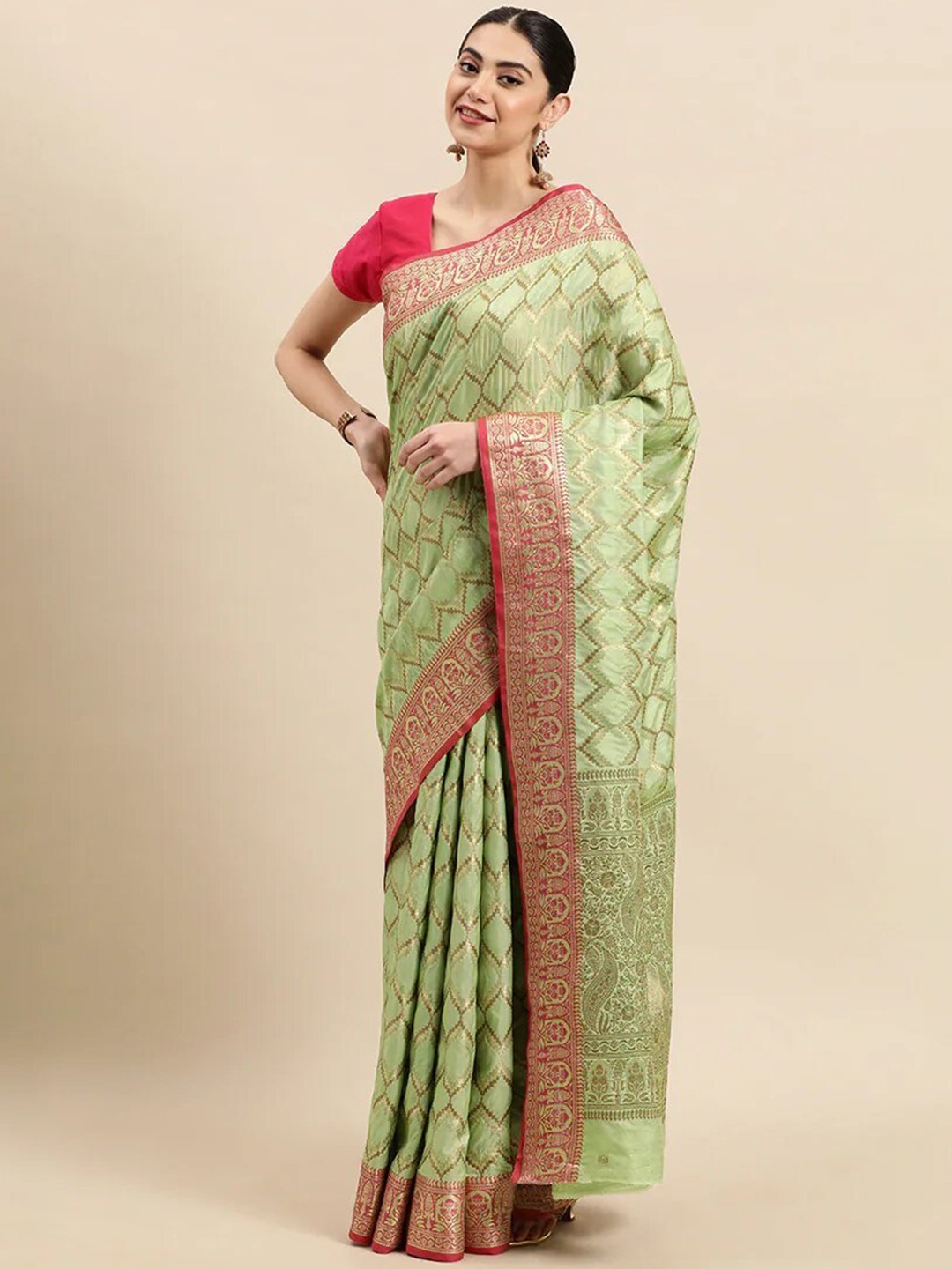 

Mitera Green Woven Design Zari Silk Blend Banarasi Saree