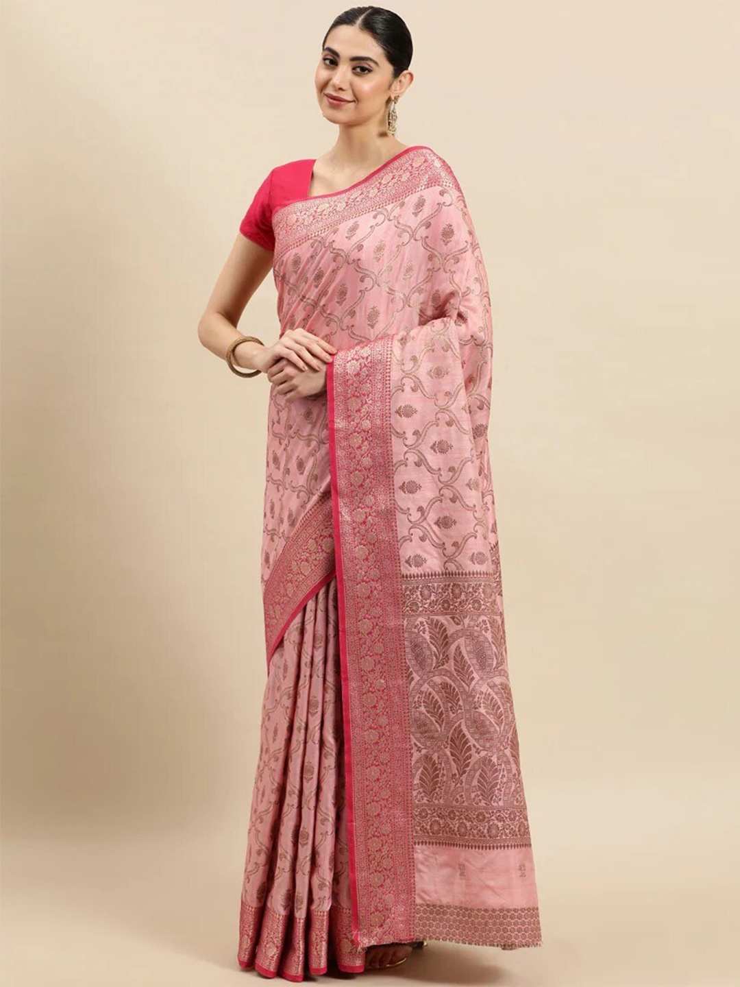 

Mitera Pink & Gold-Toned Woven Design Zari Silk Blend Banarasi Saree