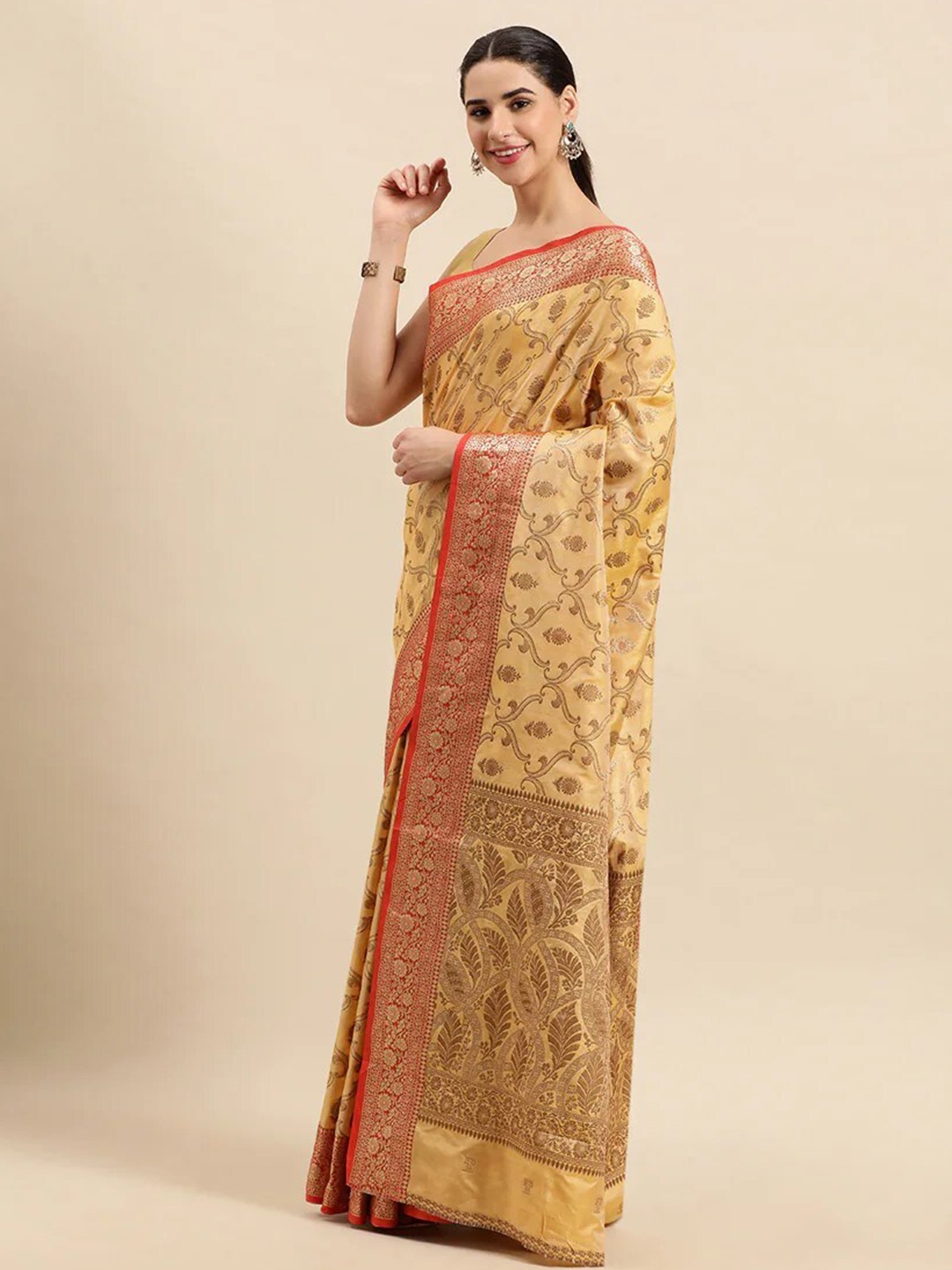 

Mitera Mustard & Red Woven Design Zari Silk Blend Banarasi Saree