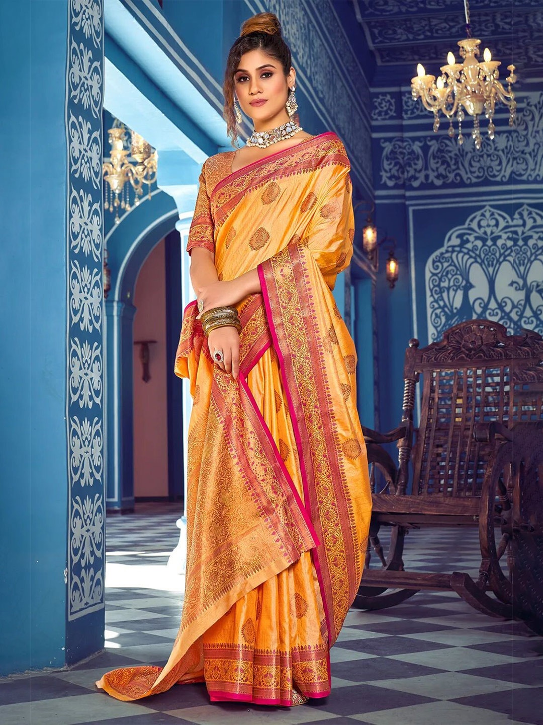 

Mitera Mustard & Red Ethnic Motifs Woven Design Zari Banarasi Saree