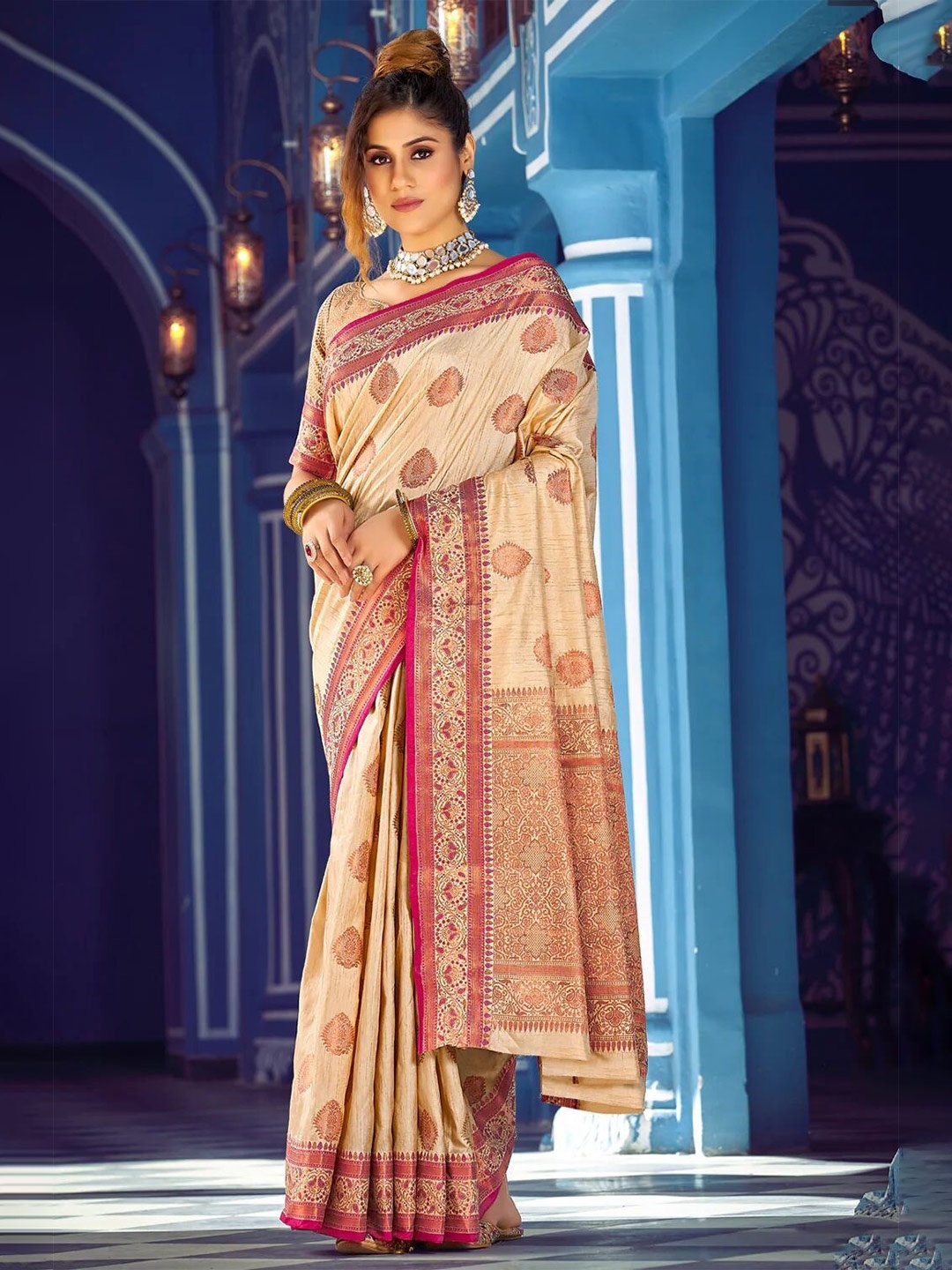 

Mitera Cream-Coloured & Pink Ethnic Motif Woven Design Zari Banarasi Saree