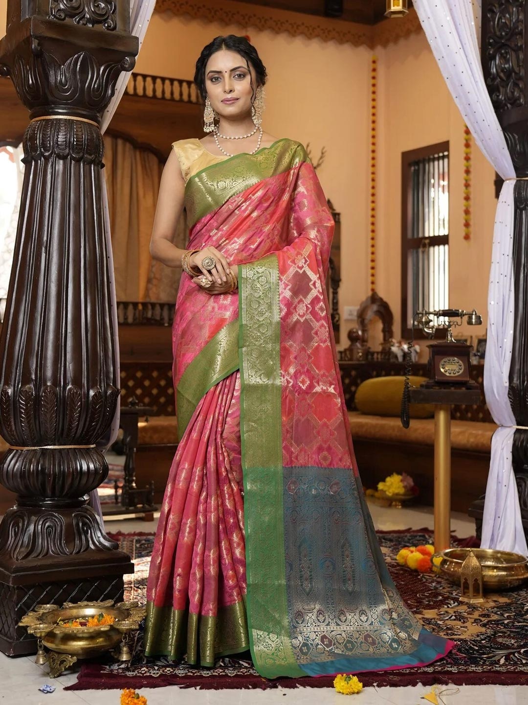 

Mitera Pink & Blue Colour Ethnic Motifs Printed Woven Design Zari Banarasi Saree
