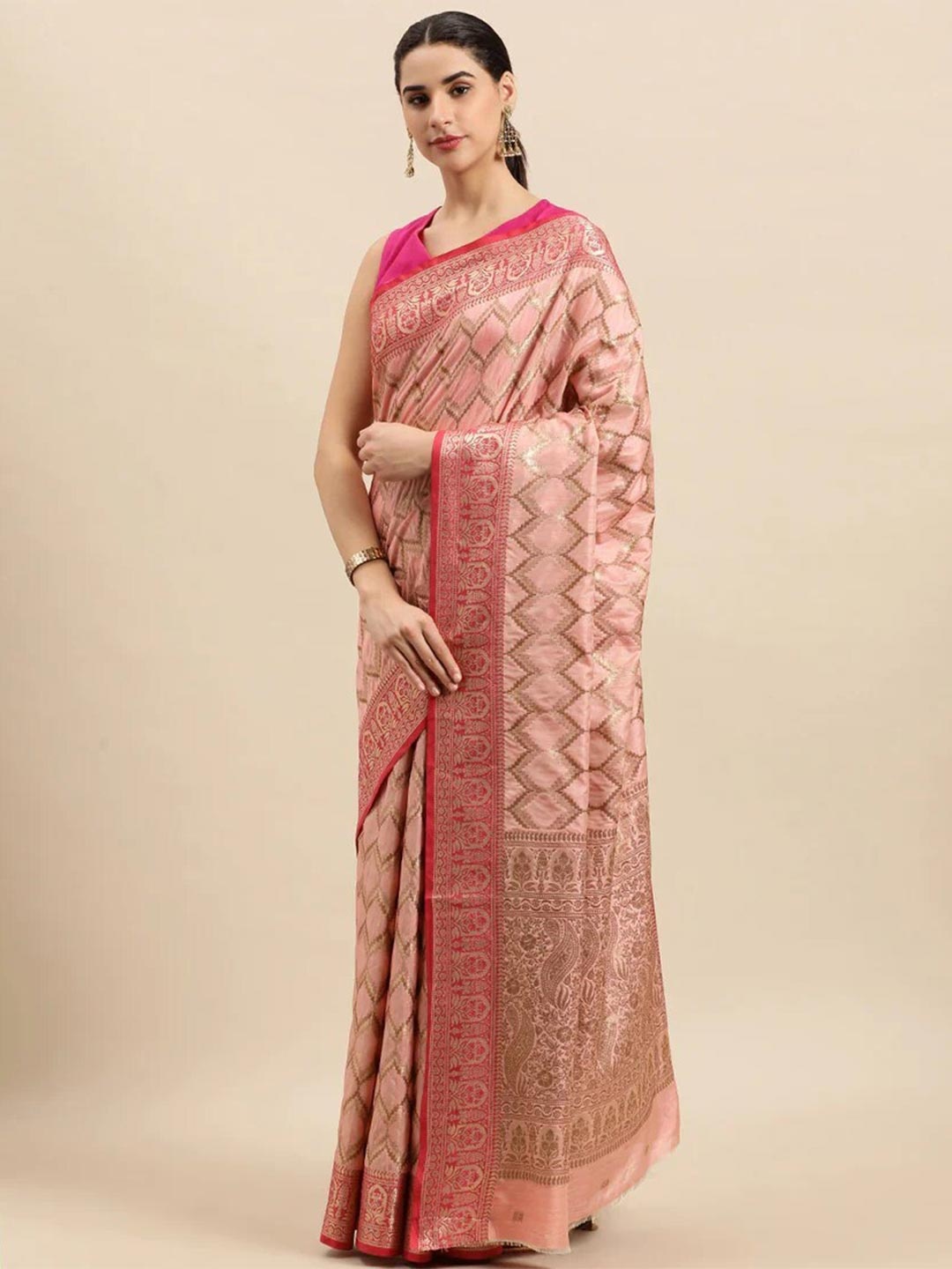 

Mitera Pink & Gold-Toned Geometric Woven Design Zari Banarasi Saree