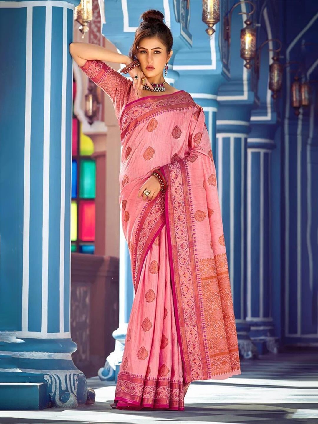 

Mitera Pink & Gold-Toned Ethnic Motifs Woven Design Zari Banarasi Saree
