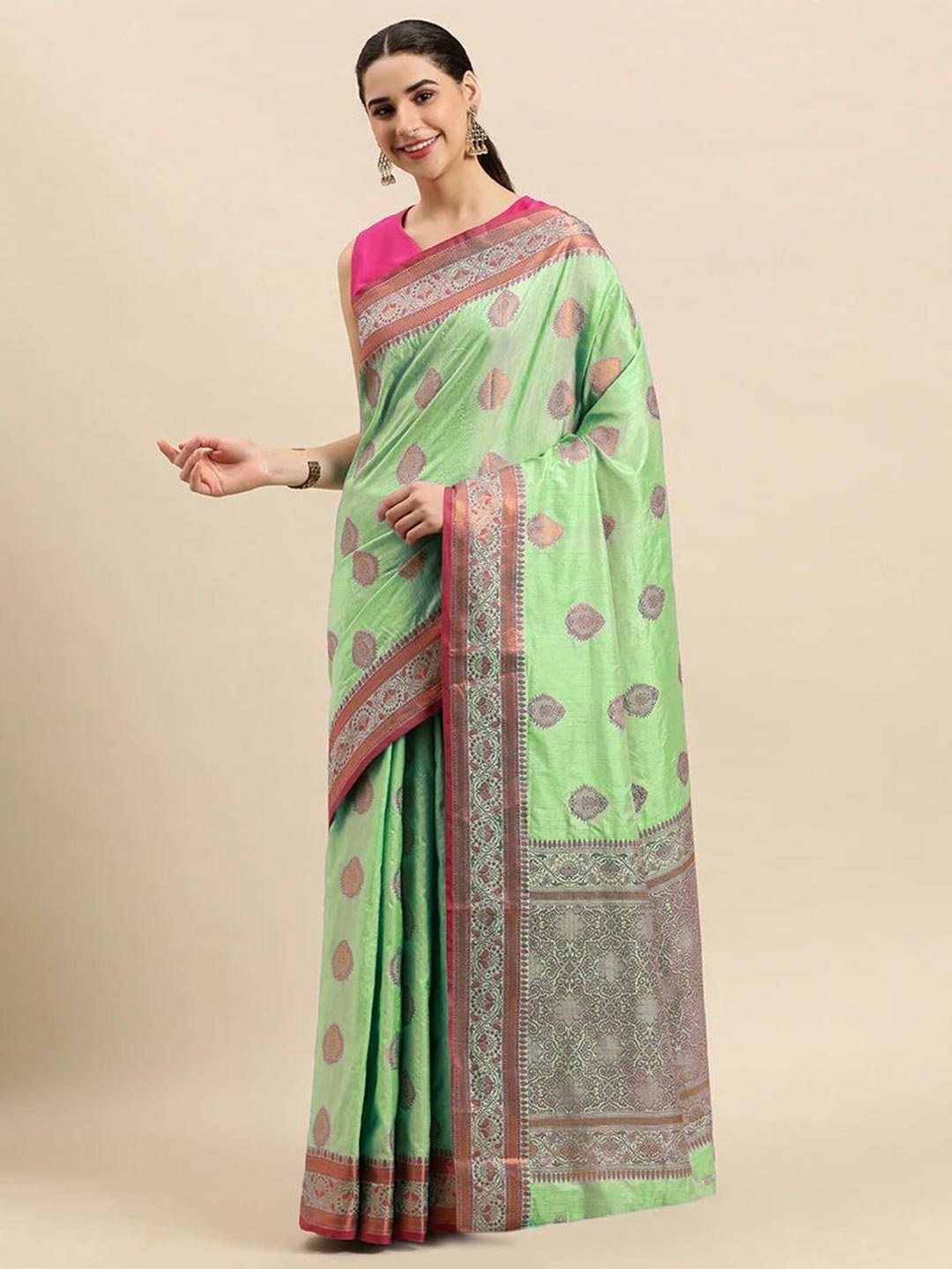 

Mitera Green & Pink Ethnic Motifs Woven Design Zari Banarasi Saree