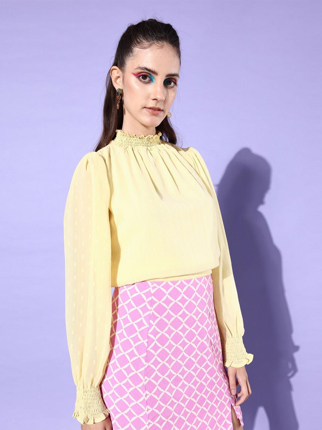 

DressBerry Yellow Smocked Bell Sleeves Top