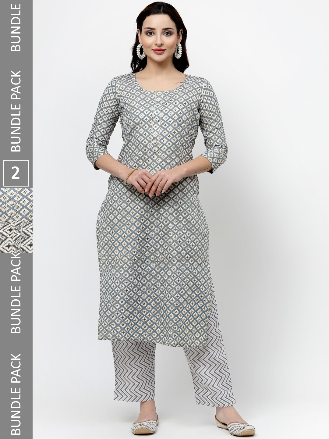 

KALINI Ethnic Printed Pure Cotton Straight Kurta with Trousers, White