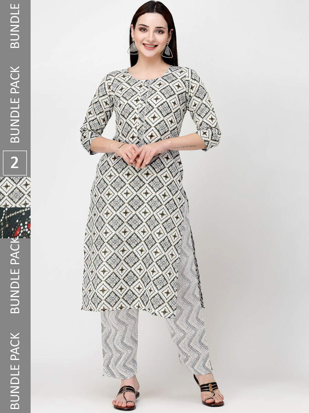 

KALINI Pack Of 2 Ethnic Printed Straight Pure Cotton Kurta With Trousers, Black