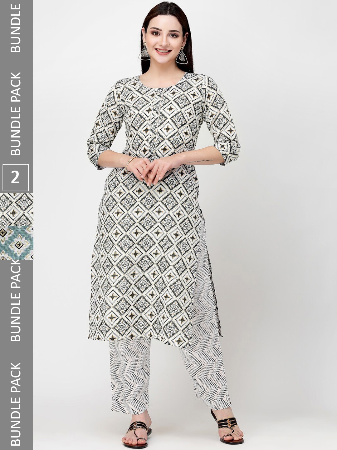 KALINI Pack Of 2 Geometric Printed Regular Pure Cotton Kurtas, Olive