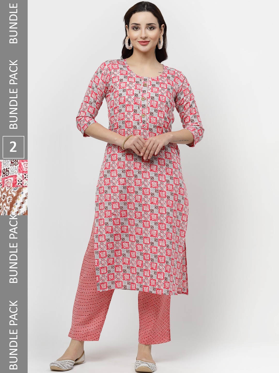 

KALINI Pack Of 2 Geometric Printed Regular Pure Cotton Kurtas, Brown