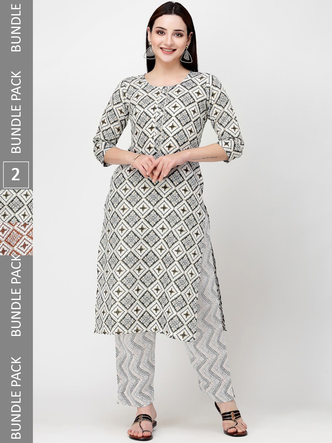 

KALINI Pack Of 2 Ethnic Motifs Printed Pure Cotton Kurta with Trousers, White