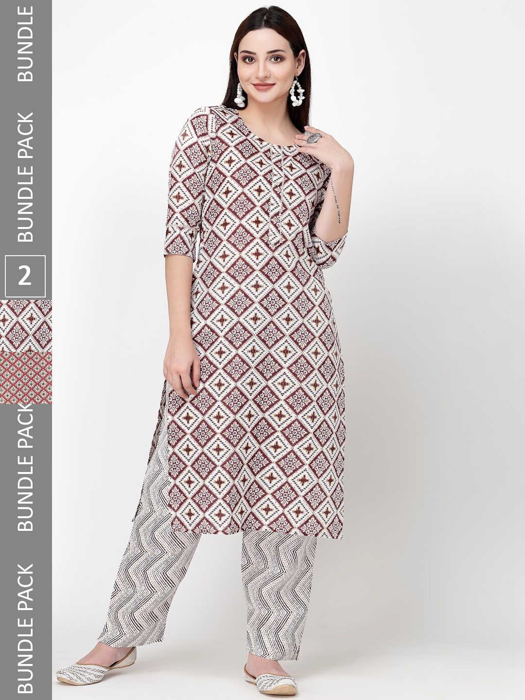KALINI Pack Of 2 Geometric Printed Regular Pure Cotton Kurtas, Brown