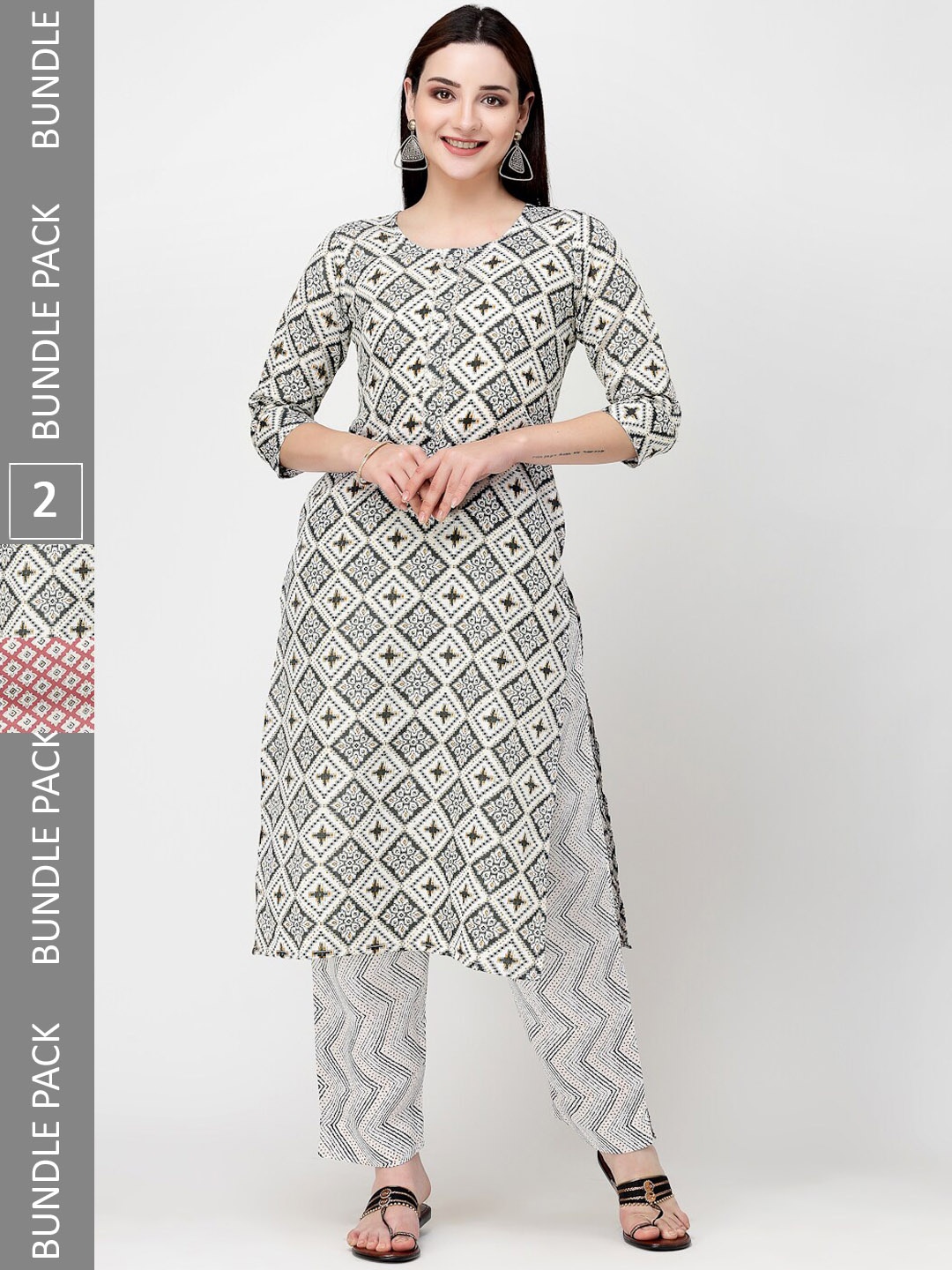 

KALINI Pack Of 2 Geometric Printed Regular Pure Cotton Kurtas, Green