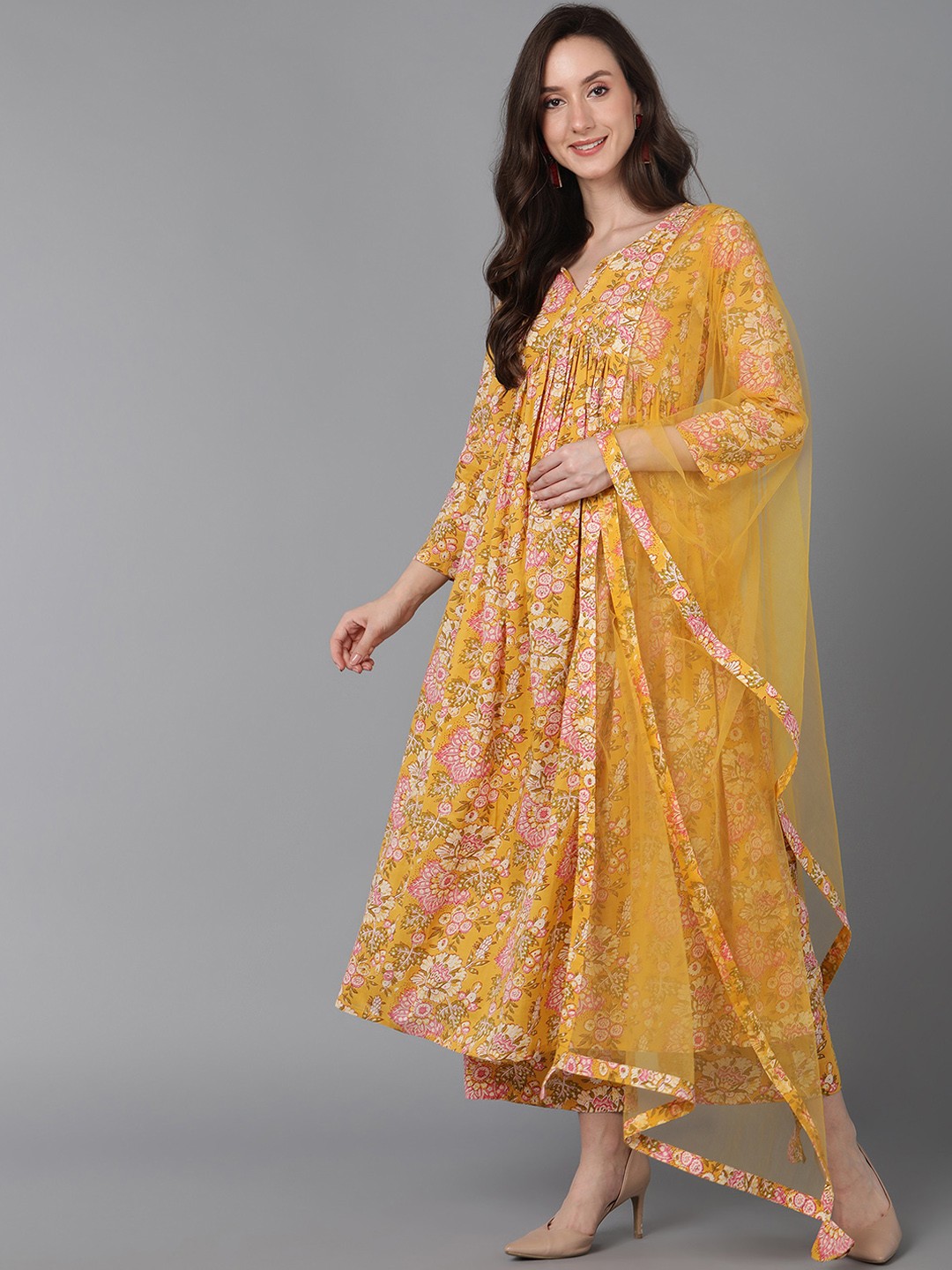 

AHIKA Floral Printed Empire Kurta with Palazzos & Dupatta, Yellow