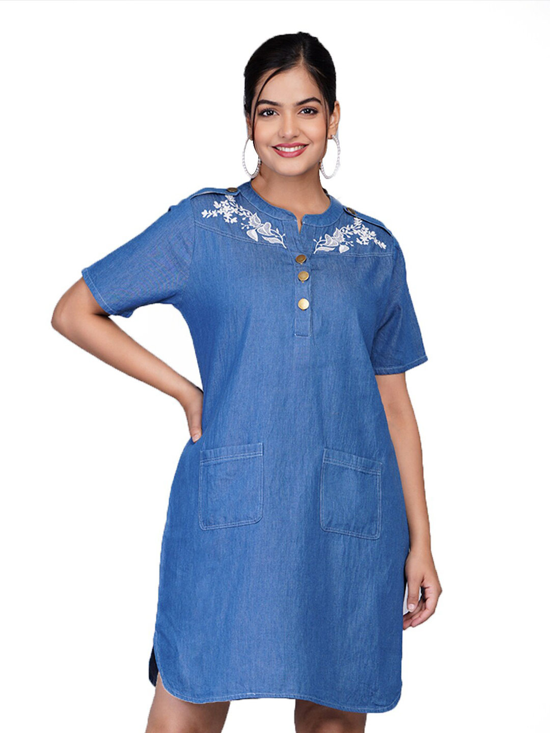 

SUMAVI-FASHION Denim Embroidered A-Line Dress, Blue