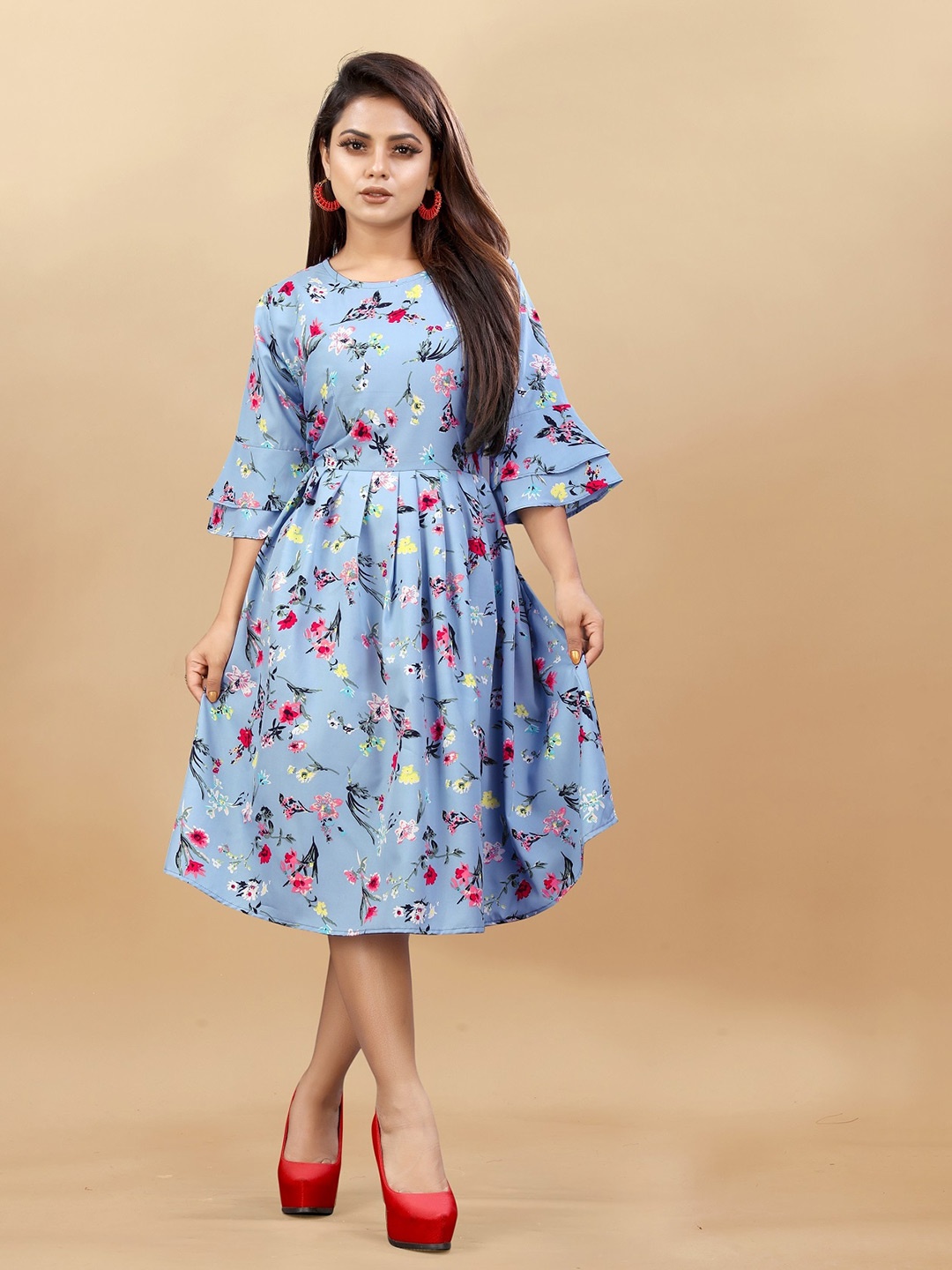 

APNISHA Floral Printed Bell Sleeves Fit & Flare Midi Dress, Blue