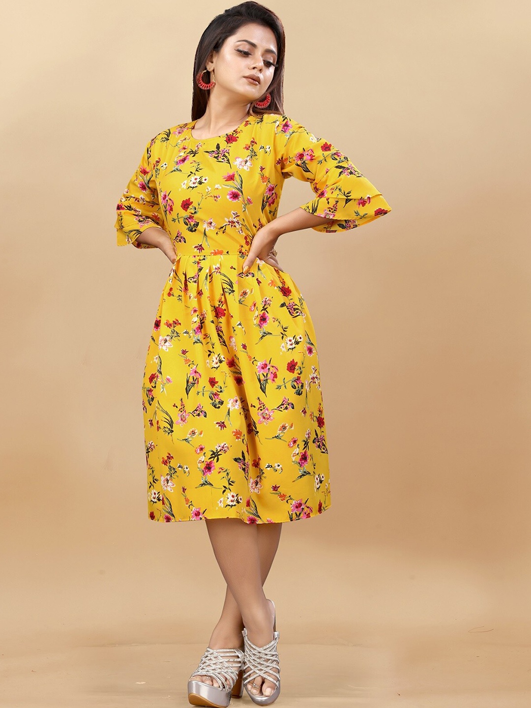 

APNISHA Floral Printed Bell Sleeves Fit & Flare Midi Dress, Yellow