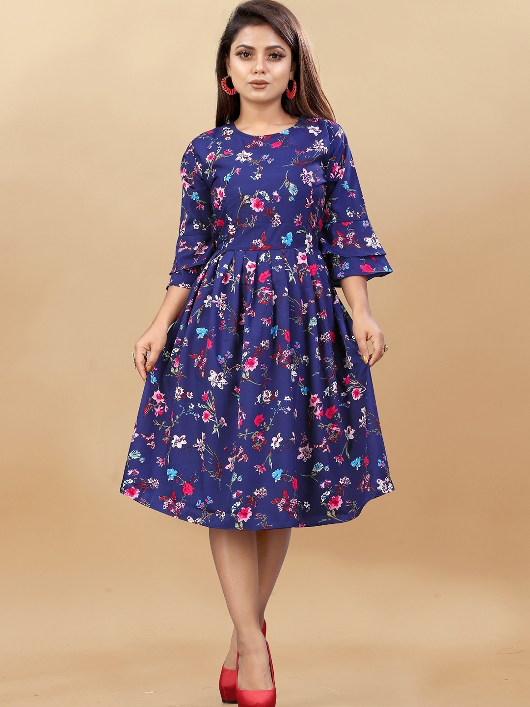 

APNISHA Floral Printed Bell Sleeves Fit & Flare Midi Dress, Navy blue