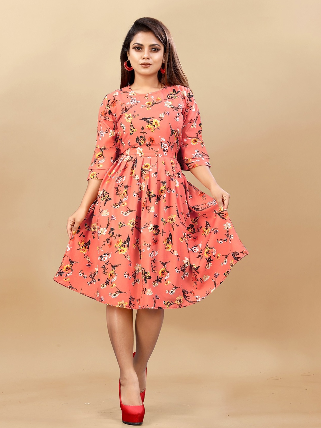 

APNISHA Floral Printed Bell Sleeves Fit & Flare Midi Dress, Peach