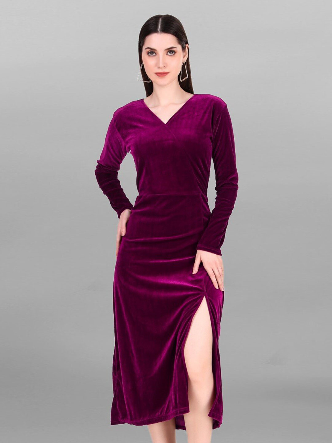 

APNISHA Velvet Bodycon Midi Dress, Purple