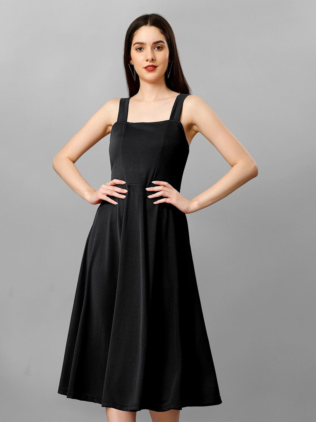 

APNISHA Satin Shoulder Strap Fit & Flare Midi Dress, Black