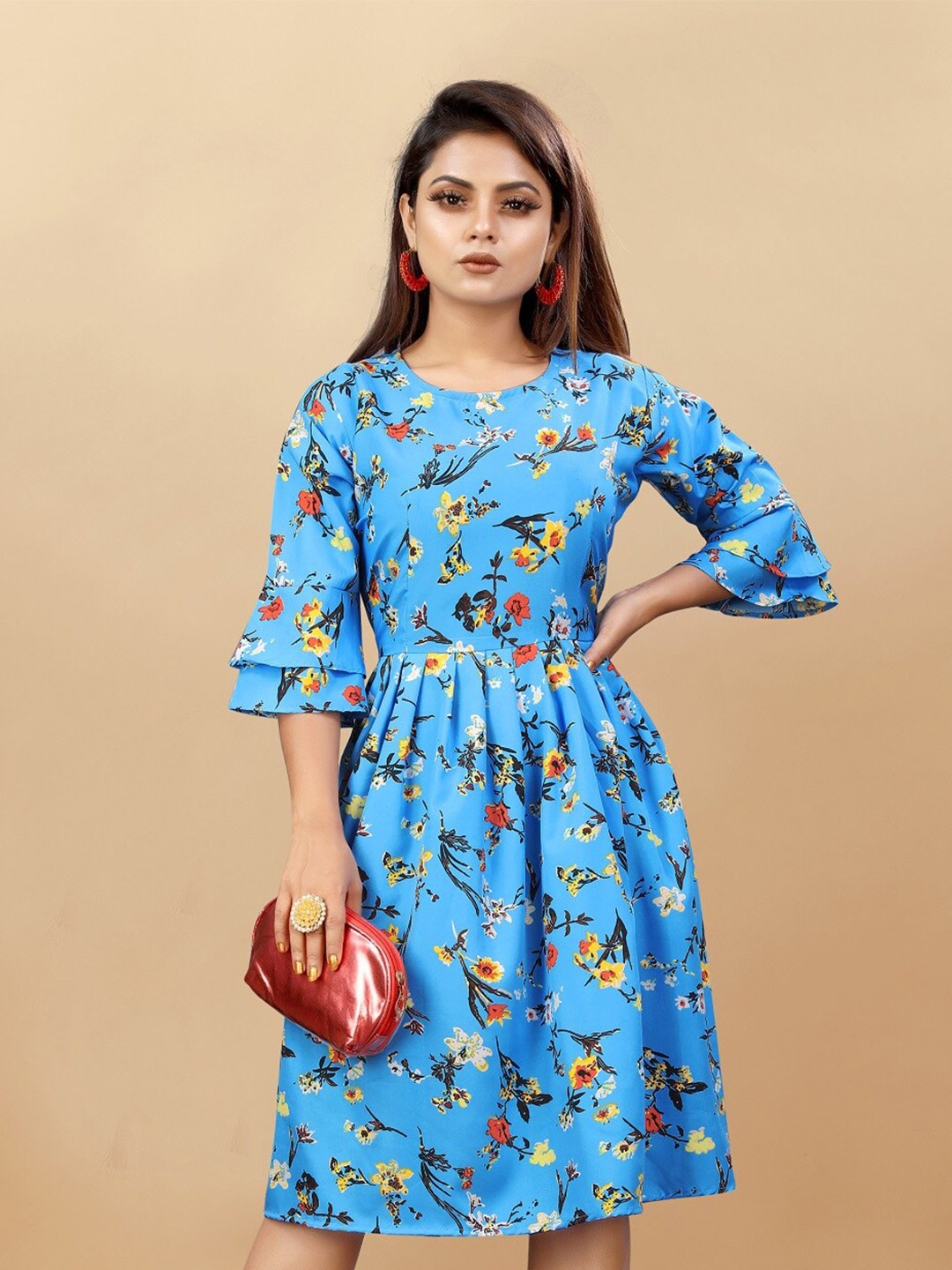 

APNISHA Floral Printed Fit & Flare Dress, Blue