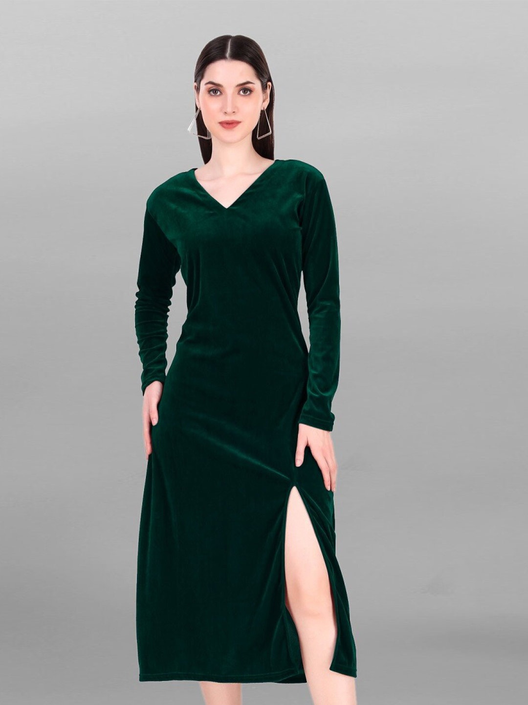 

APNISHA Long Sleeves Velvet Sheath Midi Dress, Green