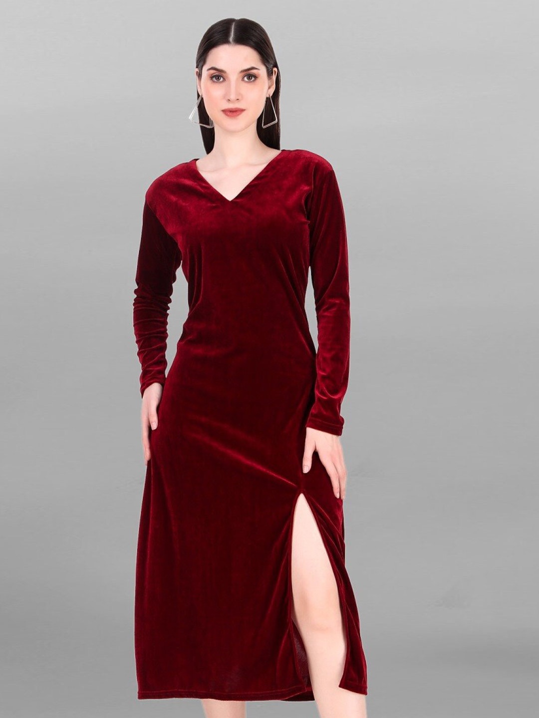 

APNISHA V-Neck Long Sleeves Sheath Midi Dress, Maroon