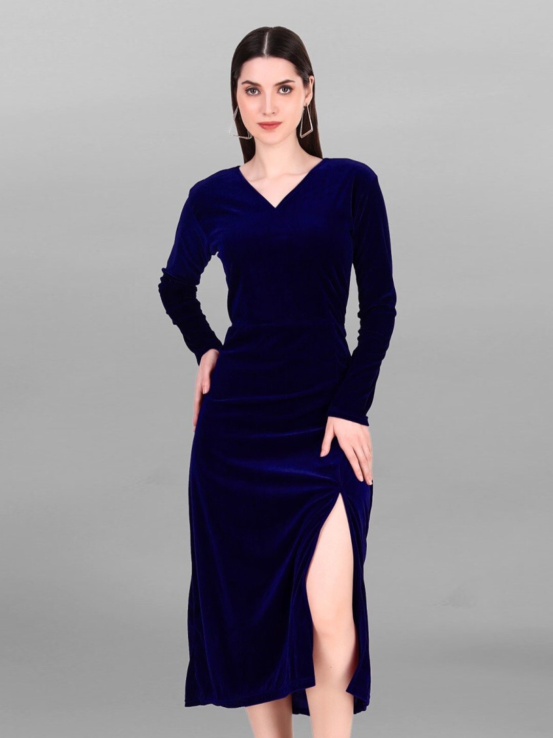 

APNISHA Long Sleeves Velvet Sheath Midi Dress, Navy blue