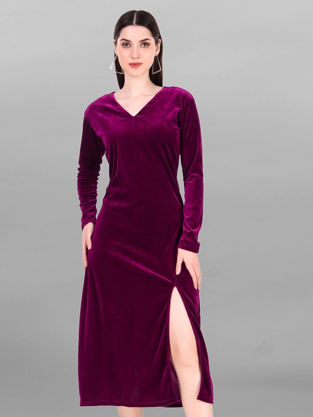 

APNISHA Long Sleeves Velvet Sheath Midi Dress, Purple