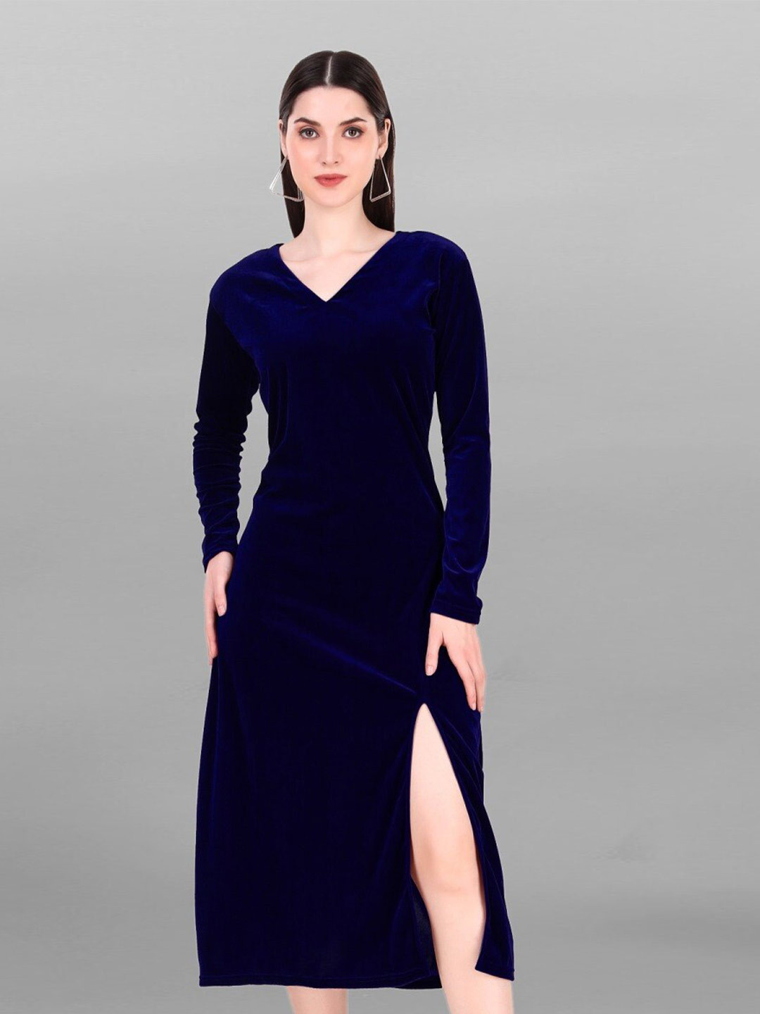 

APNISHA V-Neck Long Sleeves Sheath Midi Dress, Navy blue