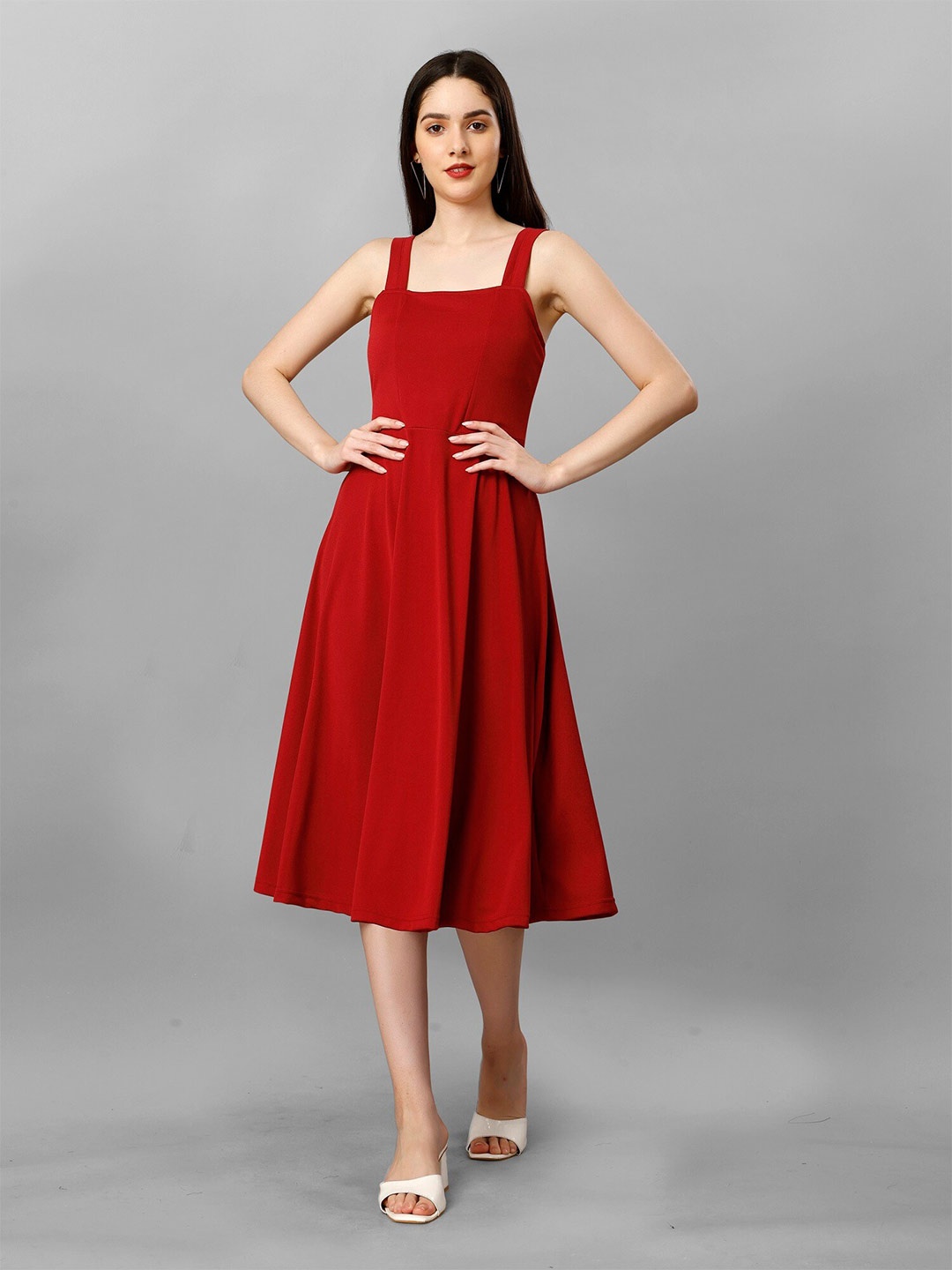 

APNISHA Square Neck Shoulder Straps Fit & Flare Midi Dress, Red