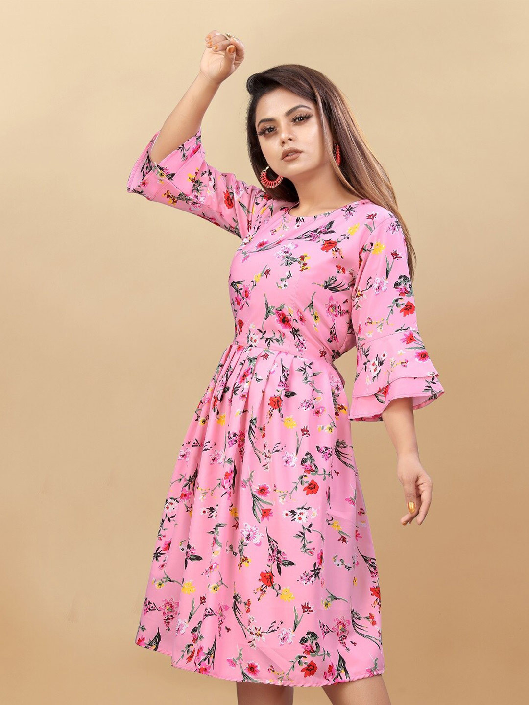 

APNISHA Floral Printed Bell Sleeves Crepe Fit & Flare Dress, Pink