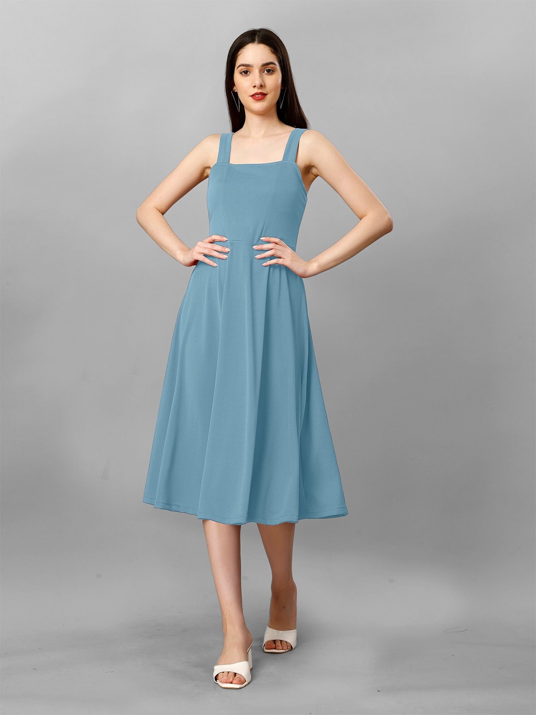 

APNISHA Sleeveless Satin Fit & Flare Midi Dress, Blue