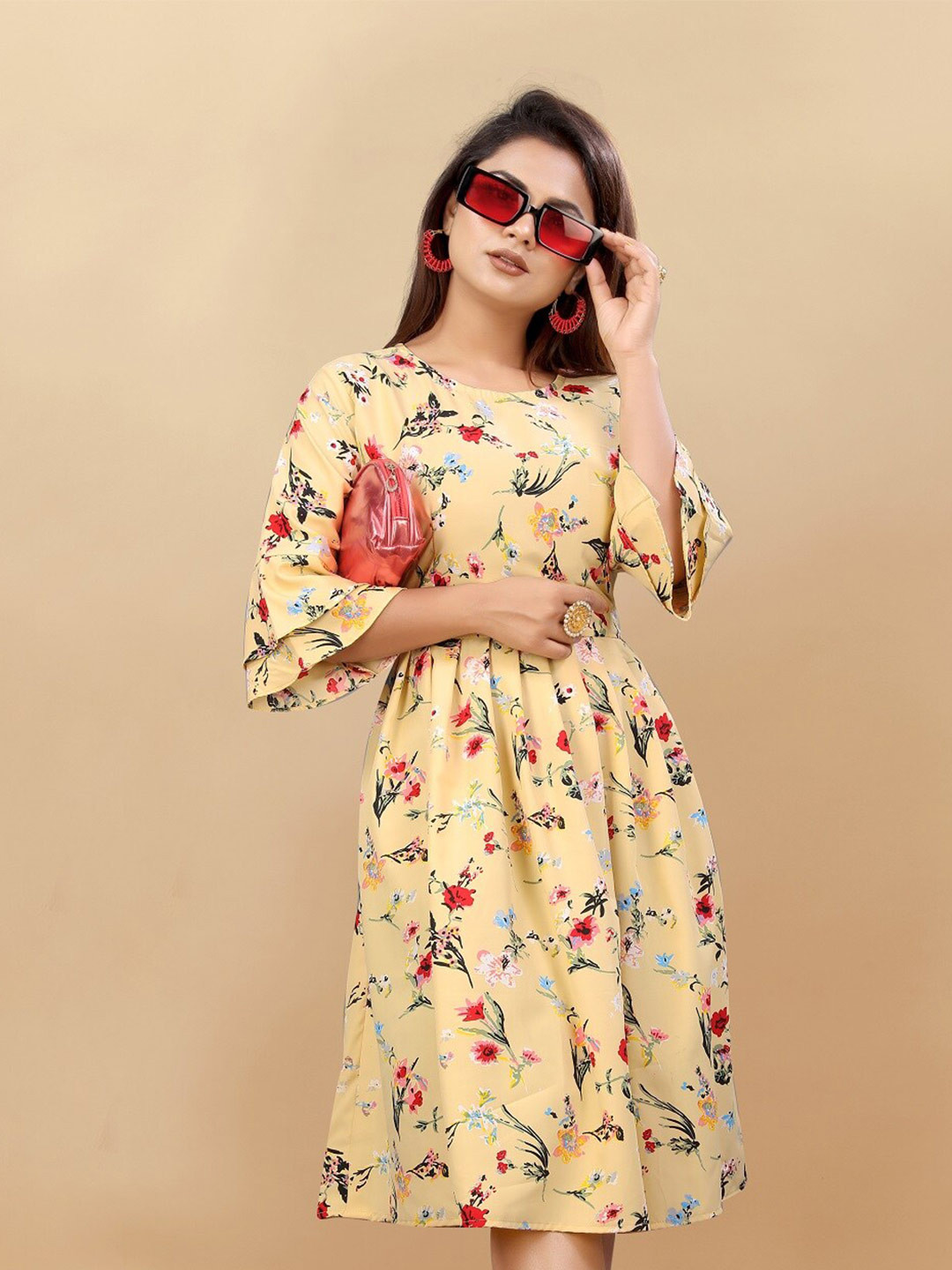 

APNISHA Floral Printed Fit & Flare Dress, Cream