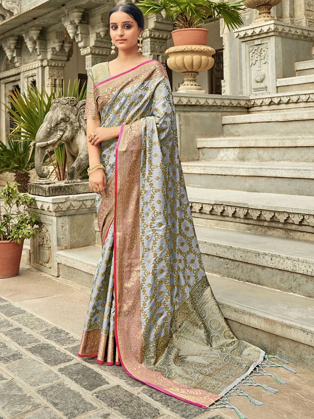 

Mitera Grey & Red Ethnic Motifs Woven Design Zari Banarasi Saree