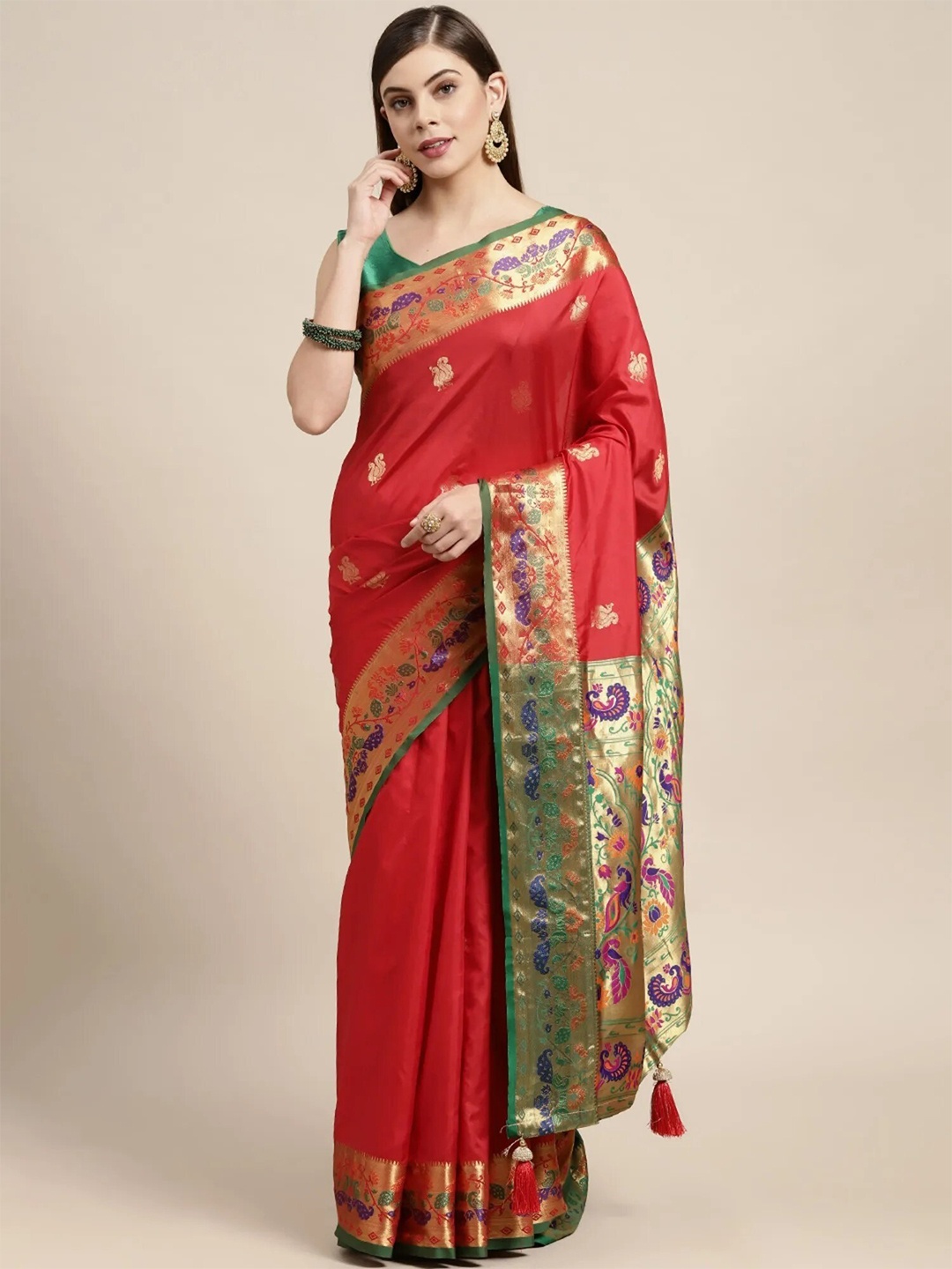 

Mitera Red & Gold-Toned Ethnic Motifs Woven Design Zari Banarasi Saree