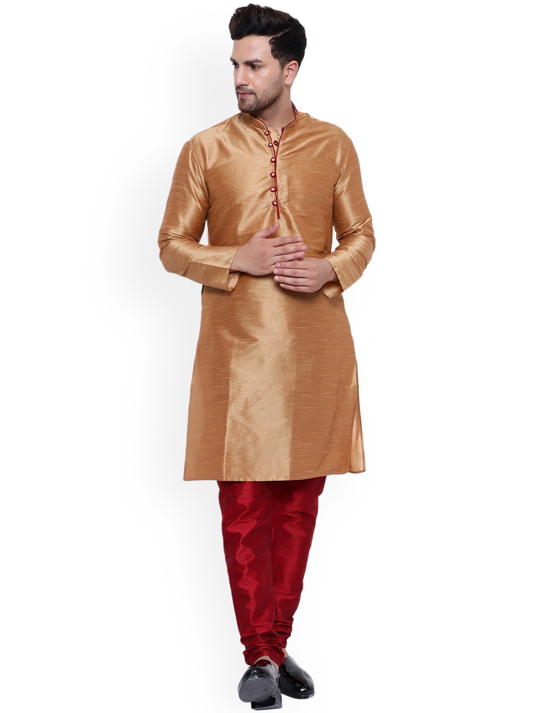 

ONNIX Mandarin Collar Silk Kurta with Churidar, Gold